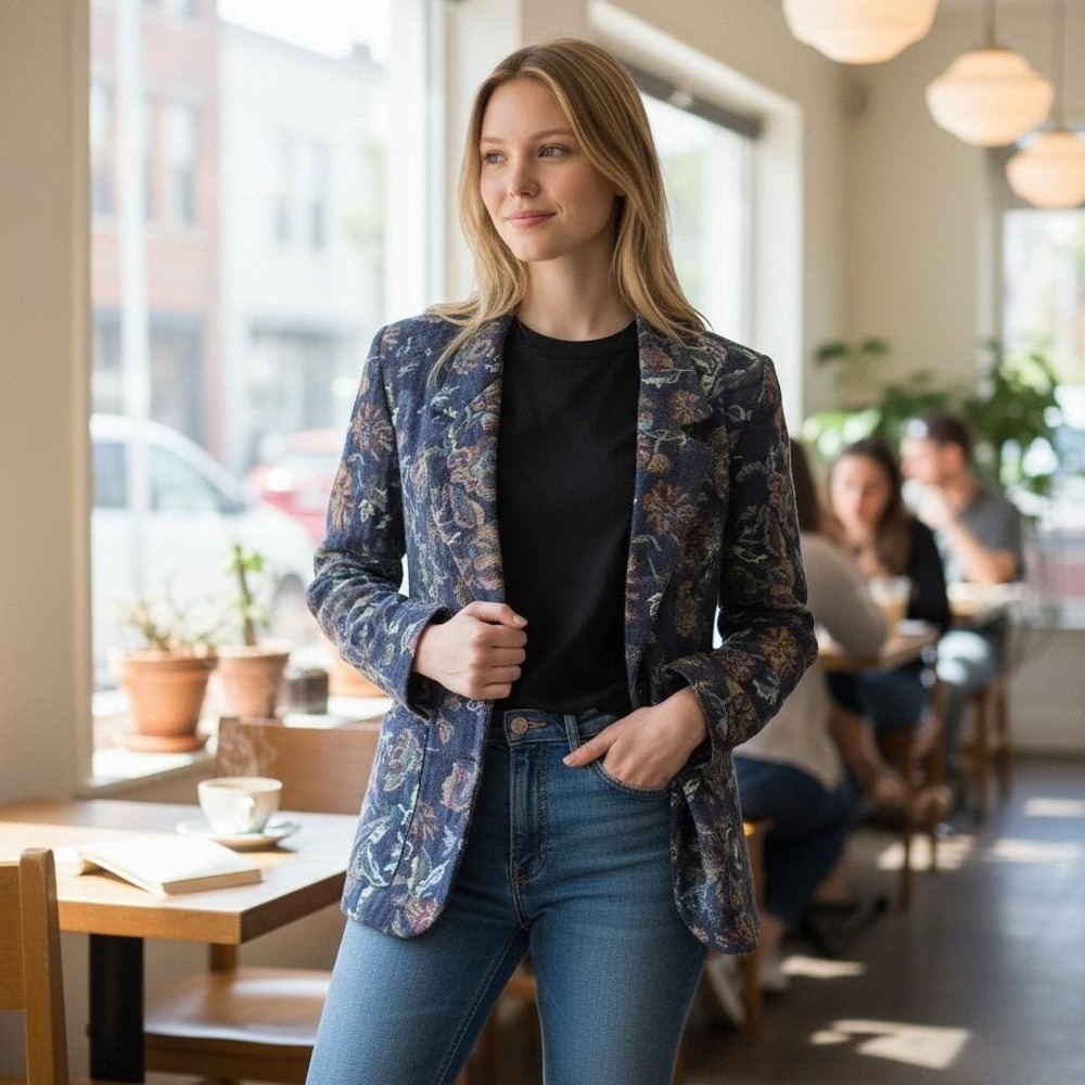 The East Custom Collection Blazer Tapestry Floral Woven Navy Boho Vintage Medium